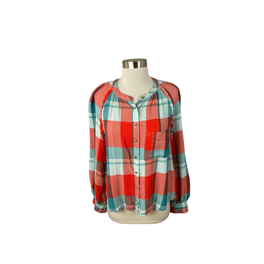 Anthropologie Pilcro Orange Blue Plaid Gauze Button Front Blouse Size XS Breezy